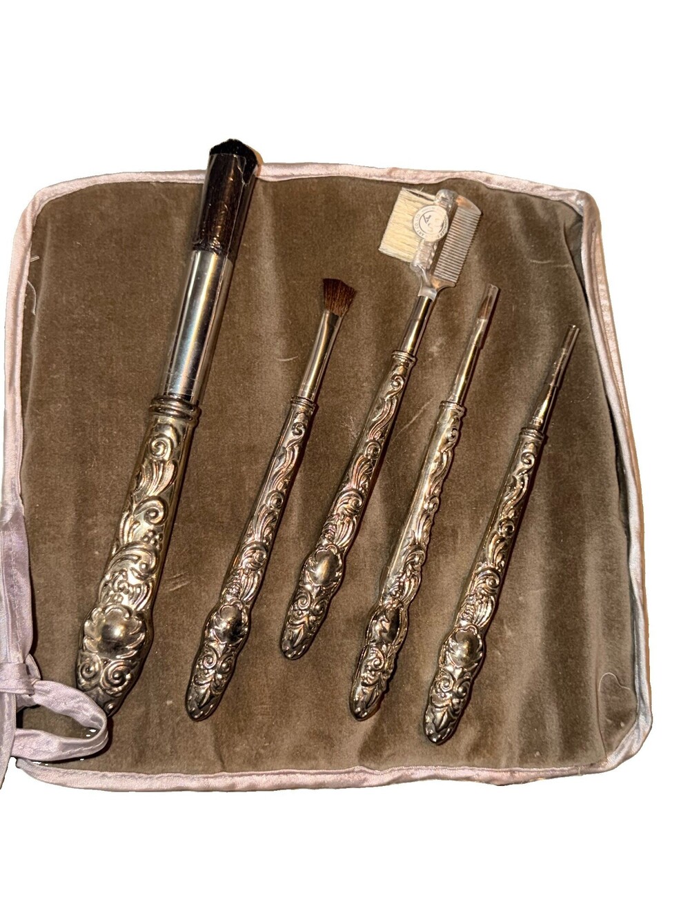 Godinger Silver Makeup Brush Set Carry Case Roll NEW VINTAGE Romantic Victorian
